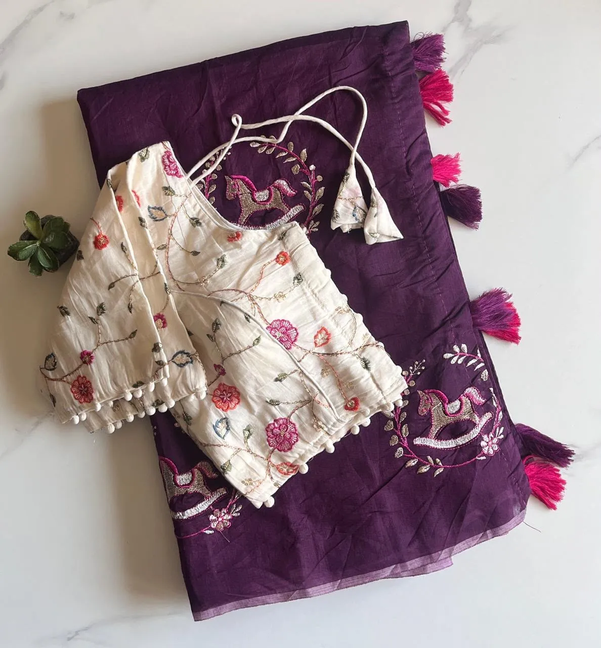Magenta Pink Horse Embroidered Khadi Cotton Saree